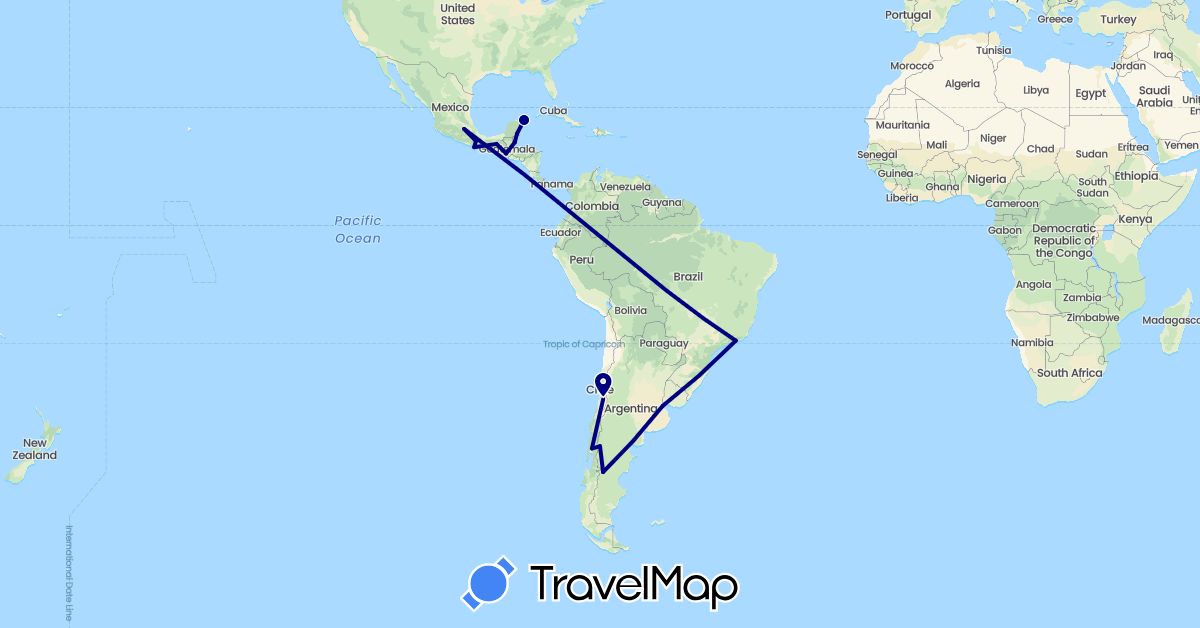 TravelMap itinerary: driving in Argentina, Brazil, Belize, Chile, Guatemala, Mexico (North America, South America)