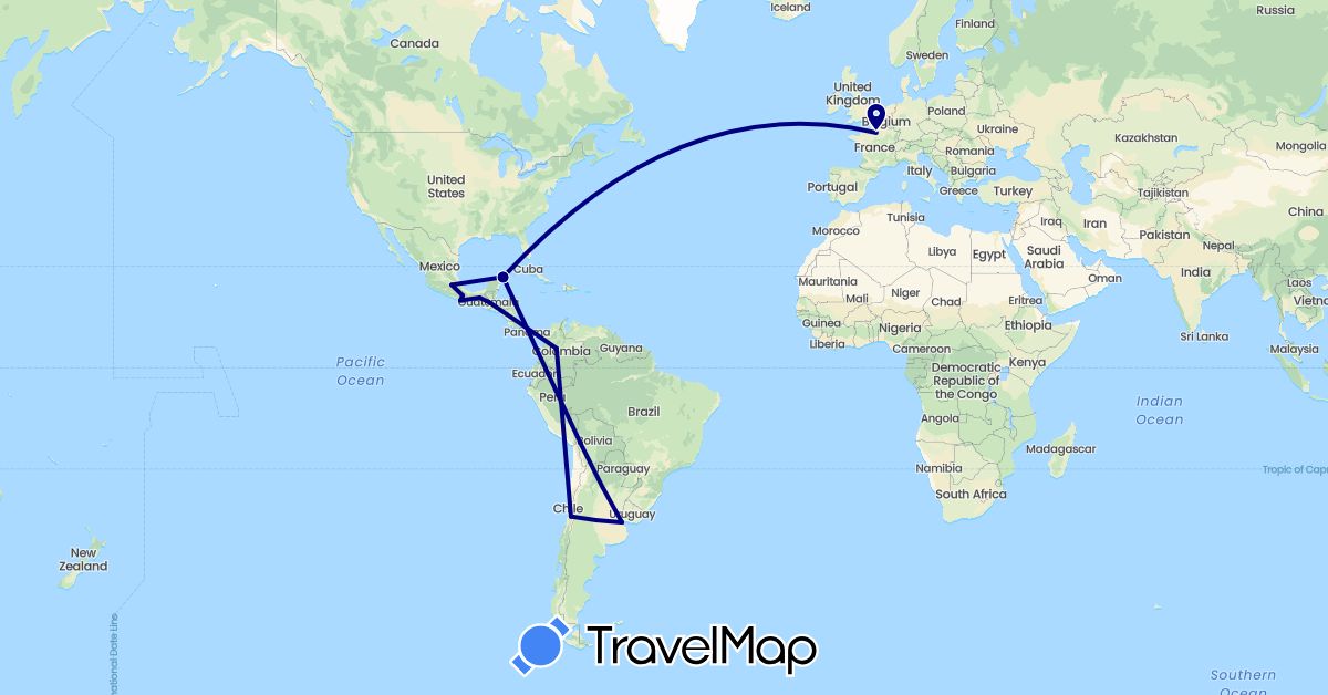 TravelMap itinerary: driving in Argentina, Chile, Colombia, France, Guatemala, Mexico (Europe, North America, South America)